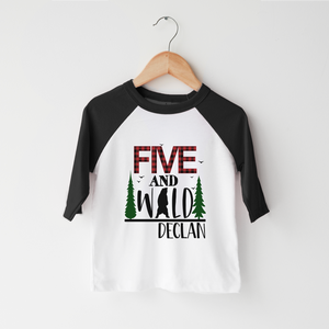 Personalized Wild And Five Birthday Toddler Shirt - Buffalo Plaid Bear