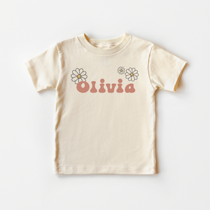 Personalized Girls Name Toddler Shirt - Custom Retro Flower Natural Girls Tee