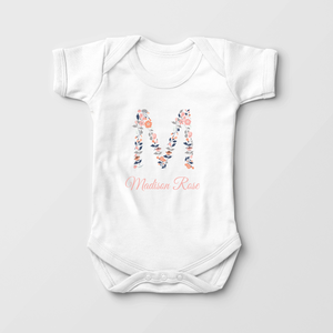 Personalized Floral Letter Baby Onesie - Peach