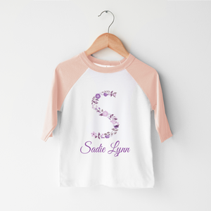 Personalized Floral Letter Toddler Shirt - Purple Kids Shirt