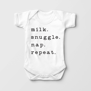 Milk, Snuggle, Nap, Repeat Onesie - Funny Nap Time Baby Onesie